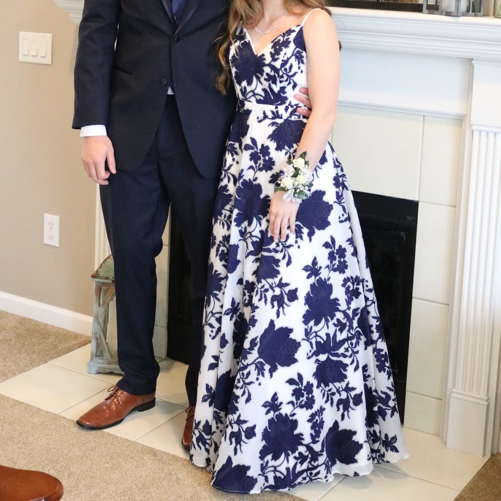 Navy and White Floral Prom Dress